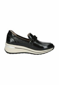 Pantofii din piele lacuită neagră, cu vârful rotunjit, accent decorativ sub formă de nod și talpă groasă albă și neagră. Design minimalist, stil fără sireturi.