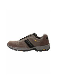 Braune Wildleder- und Textilsneaker mit schwarzen Streifen, grauer Sohle, runder Zehenpartie und schwarzen Akzenten. Verfügt über eine Schnürung und gepolsterten Schaftrand.