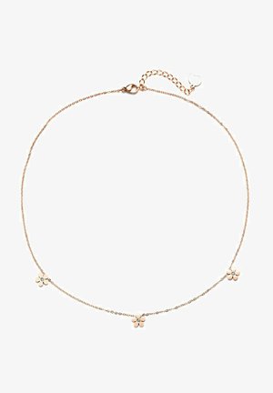 Kette aus roségold mit drei Blumenakzenten, von denen jede einen kleinen Edelstein in der Mitte hat. Zarte und leichte Ausführung.