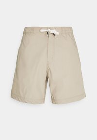 Beige knee-length swim shorts with elastic waistband and white drawstring tie on plain white background.
