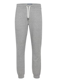 Gray sweatpants made of soft cotton blend, featuring an elastic waistband with drawstring, tapered leg openings, and ribbed cuffs.