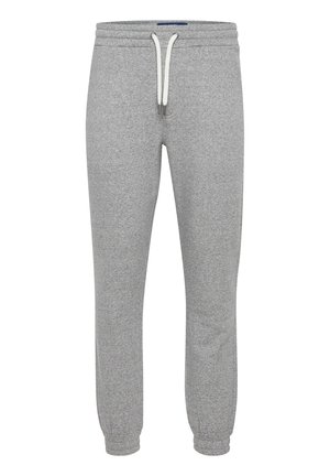 Gray sweatpants made of soft cotton blend, featuring an elastic waistband with drawstring, tapered leg openings, and ribbed cuffs.