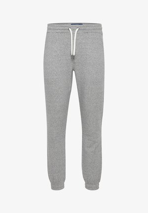 Gray sweatpants made of soft cotton blend, featuring an elastic waistband with drawstring, tapered leg openings, and ribbed cuffs.
