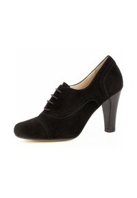 Chaussure à talon haut en daim noir avec bout arrondi, design à lacets et détails de couture contrastants. Talon aiguille et doublure intérieure lisse.