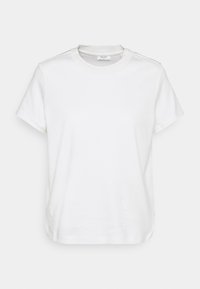 Biała bawełniana koszulka, krótki rękaw, prążkowany okrągły dekolt, luźny krój, gładka tekstura, minimalistyczny design, bez wzorów i akcentów.