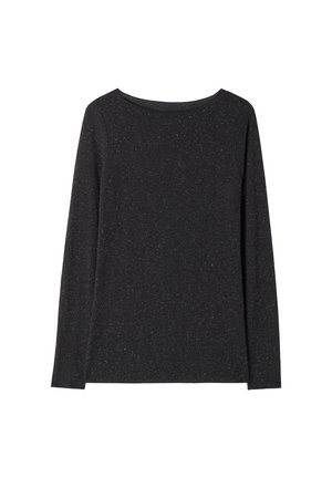 Camiseta negra de manga larga en una tela texturizada, con un escote redondeado y sutiles motas de un color más claro en toda su superficie.