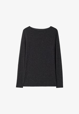 Camiseta negra de manga larga en una tela texturizada, con un escote redondeado y sutiles motas de un color más claro en toda su superficie.