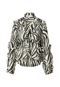 Bluse mit Zebramuster in Schwarz und Weiß, mit Rüsche am Hals und an den Ärmeln, entspanntem Schnitt und weichem Stoff. 