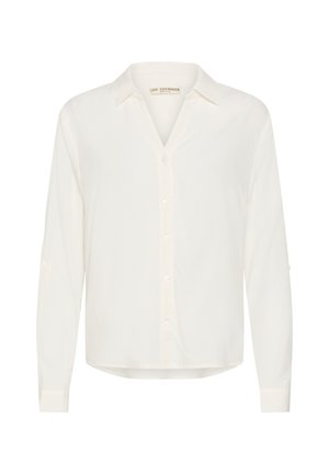 Blouse blanche à manches longues avec col, ourlet droit et texture de tissu subtile, de la marque Love Copenhagen.