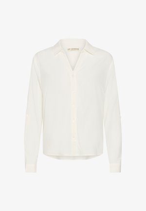 Blouse blanche à manches longues avec col, ourlet droit et texture de tissu subtile, de la marque Love Copenhagen.