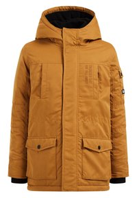 Hellbraune gepolsterte Jacke mit Kapuze und schwarzem Innenfutter. Verfügt über zwei vordere Klappentaschen und dezentes Branding auf der Brust.