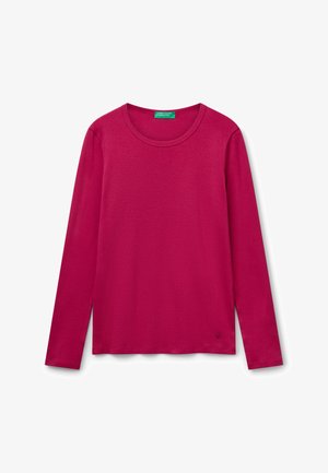 Long-sleeve crew neck shirt in solid magenta with a small black logo near the hem on the left side.