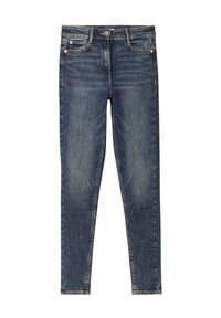 Jeansy denim slim fit w ciemnoniebieskim kolorze, z efektem sprania, pięcioma kieszeniami oraz strukturą materiału charakterystyczną dla klasycznego denimu.
