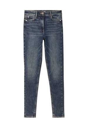 Slim-fit denim jeans i mørkeblå med en falmet vask, fem lomme-design og stoftekstur, som er typisk for klassisk denim.