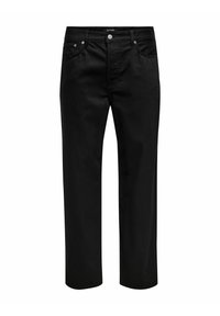 Svarta denimjeans med rak passform, femfickdesign, knappstängning och sömnadsdetaljer längs sömmarna. Slät textur.