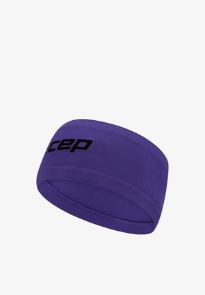 Lila Haarband aus dehnbarem Stoff mit glatter Textur. Mit einem schwarzen Logo auf der Vorderseite und einem durchgehenden, kreisförmigen Design.