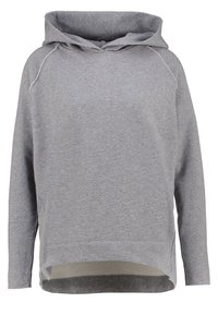 Grijze hoodie met een zachte textuur, raglanmouwen, zijsplitten en een langere achterkant. De stof is ademend en casual.