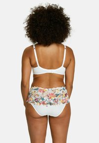 White bra with adjustable straps, paired with white panties featuring a colorful floral lace overlay and scalloped edges.