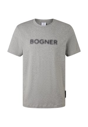 Grey short-sleeve crew neck T-shirt with black blurred "BOGNER" text printed across the chest.