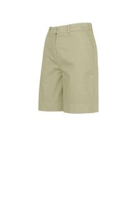 Shorts di cotone beige con taglio dritto, fronte piatto e passanti per cintura. Presentano tasche laterali e un orlo pulito. Nessun motivo o accentuazione visibile.