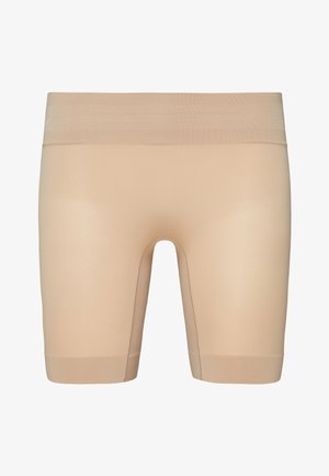 Beiga stretchshorts med en slät textur, midja-längd och en bred, elastisk midjeband för komfort och stöd.