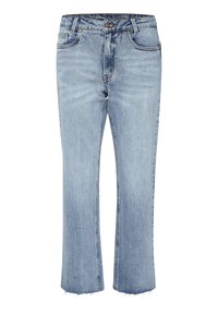 Light blue denim jeans with a straight cut and frayed hem. Features five pockets and contrasting stitching. Classic button and zipper closure.