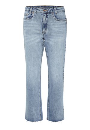 Svetlomodré džínsy s rovnou siluetou a roztrhnutým lemom. Obsahujú päť vreciek a kontrastné švy. Klasické zapínanie na gombík a zips.