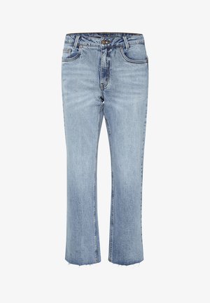 Blugi din denim de culoare albastru deschis, cu croială dreaptă și tiv sfâșiat. Prezintă cinci buzunare și cusături contrastante. Închidere clasică cu nasture și fermoar.