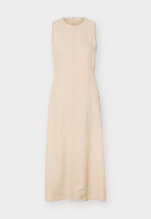 Abito midi beige senza maniche con scollo rotondo e cerniera nascosta sul retro, realizzato in tessuto leggero.