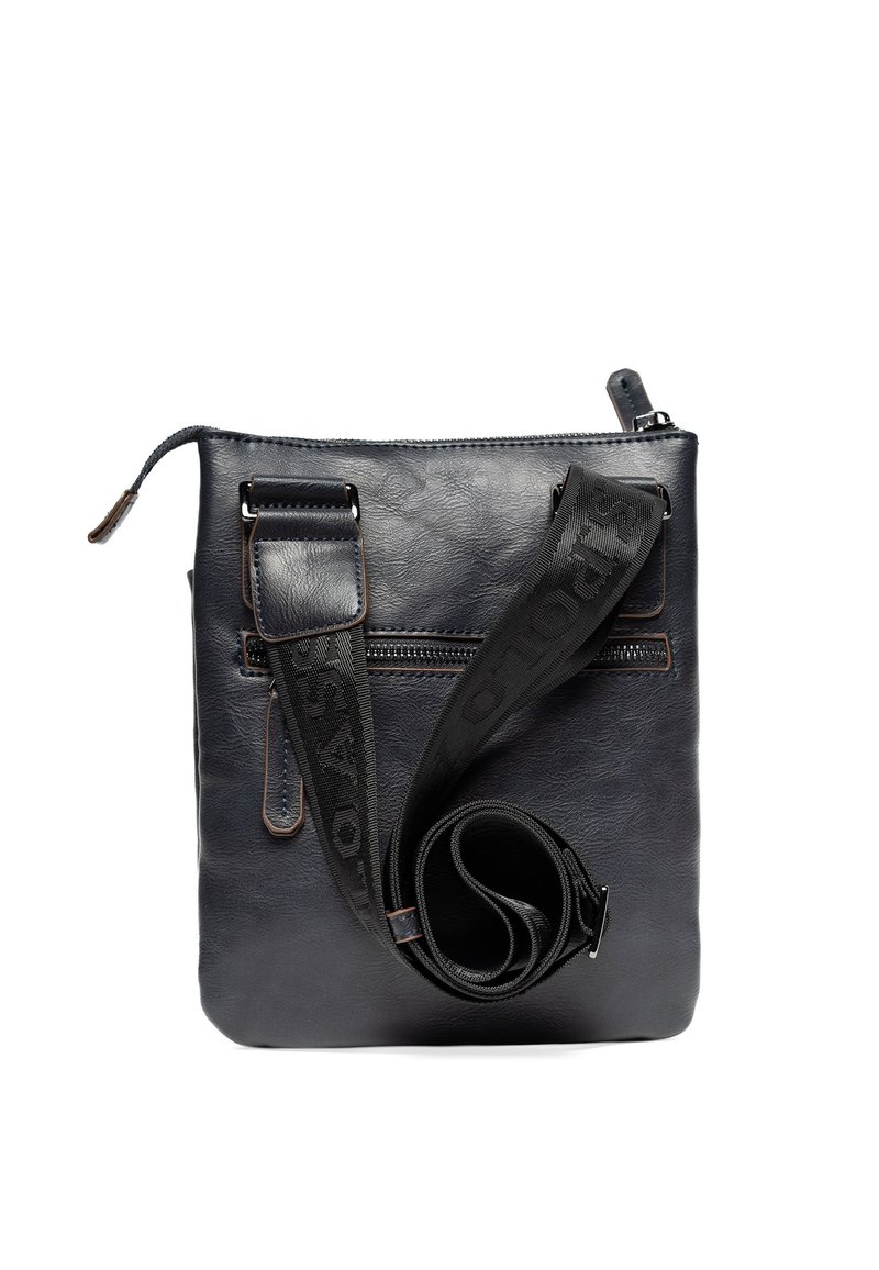 Borsa a tracolla in pelle nera con superficie texturizzata, chiusura con zip, tracolla regolabile e tasca frontale con zip.