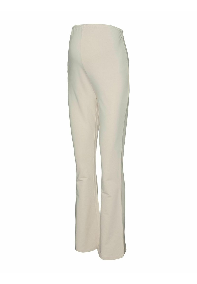 Beige flared broek met een elastische tailleband, voorzien van een gladde textuur en een minimalistisch ontwerp, geschikt voor casual wear.