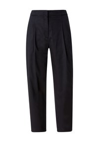 Pantalon noir à coupe décontractée, avec des plis sur le devant, une texture lisse et une taille mi-haute. Pas de poches visibles ni d'ornements.