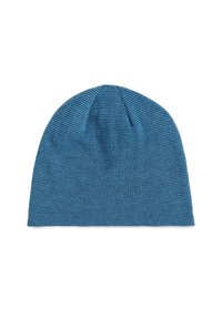 Berretto di lana blu lavorato a maglia con un modello stretto e testurizzato e una parte superiore senza cuciture. Materiale morbido, vestibilità elastica e forma leggermente affusolata nella parte superiore.