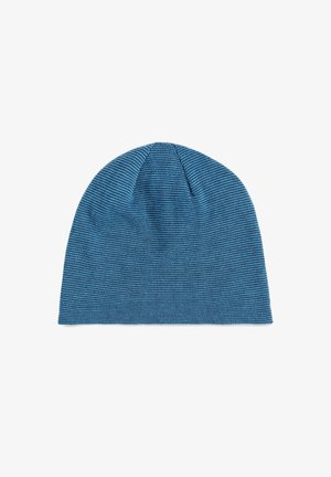 Bonnet tricoté bleu avec un motif texturé serré et une couronne sans couture. Matière douce, ajustement élastique et forme légèrement conique en haut.