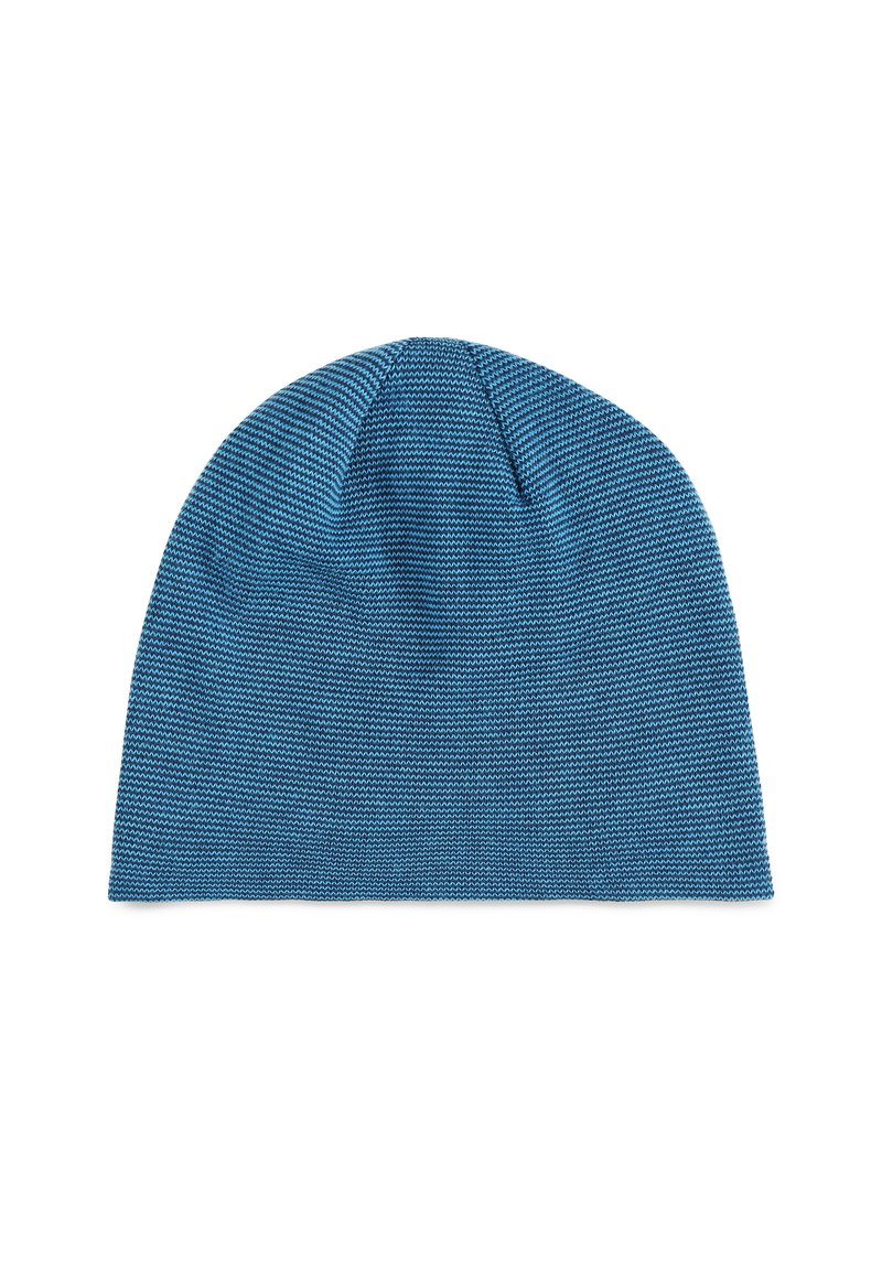 Berretto di lana blu lavorato a maglia con un modello stretto e testurizzato e una parte superiore senza cuciture. Materiale morbido, vestibilità elastica e forma leggermente affusolata nella parte superiore.