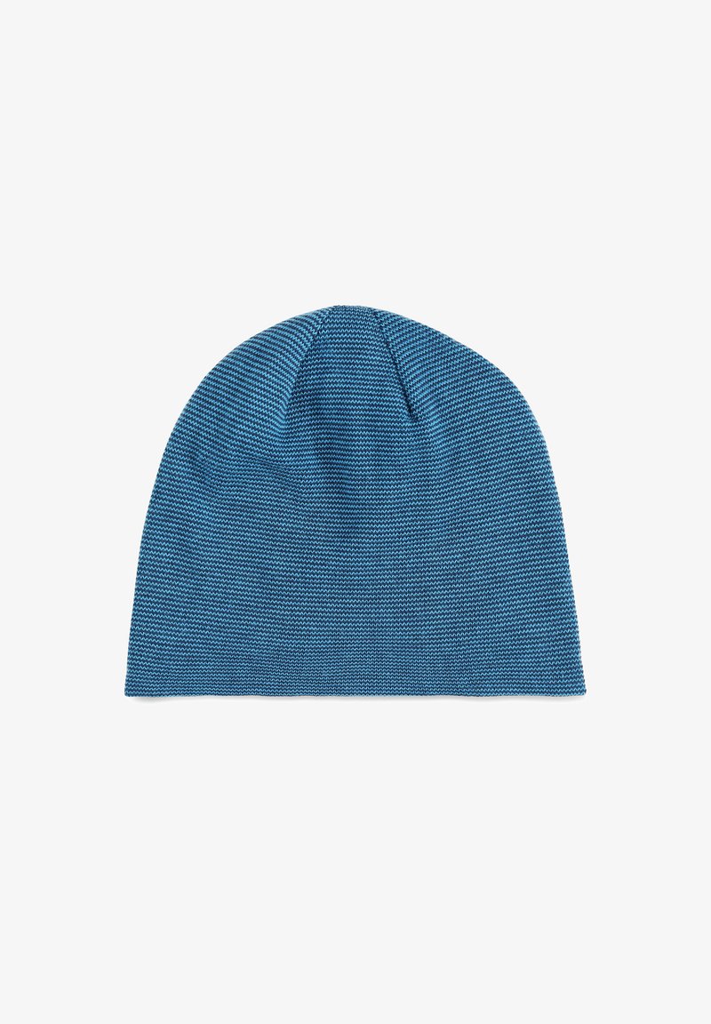 Berretto di lana blu lavorato a maglia con un modello stretto e testurizzato e una parte superiore senza cuciture. Materiale morbido, vestibilità elastica e forma leggermente affusolata nella parte superiore.