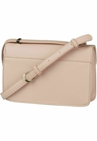 Borsa a tracolla in pelle rosa con superficie testurizzata, dettagli in metallo dorato, strap regolabile e chiusura a patta. Forma rettangolare.