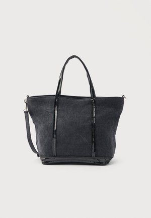 Zwarte stoffen draagtas met twee korte handvatten, een afneembare schouderriem en subtiele paillettenaccenten op de handvatten en onderkant.