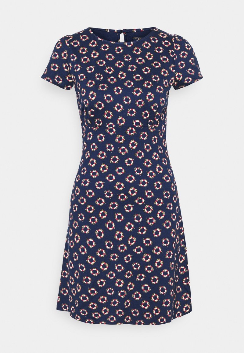 Robe bleu marine à manches courtes avec un col rond, présentant un motif répétitif de bouées rouges et blanches.
