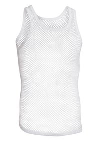 White mesh tank top featuring a network of diamond-shaped openings, with a round neckline and finished edges. Suitable for layering.