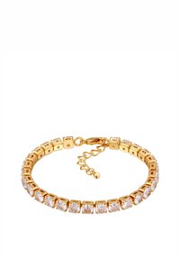 Pulsera de oro con eslabones cuadrados engastados con piedras de circonio cúbico transparentes, longitud ajustable con un cierre de langosta y una extensión de cadena.