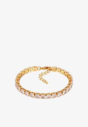 Bracciale in oro con maglie quadrate incastonate di pietre in zirconia cubica trasparente, lunghezza regolabile con chiusura a moschettone e prolunghe a catena.