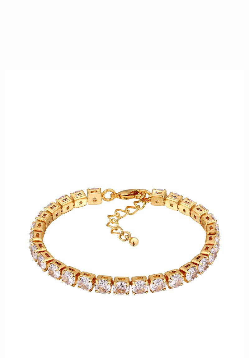 Pulsera de oro con eslabones cuadrados engastados con piedras de circonio cúbico transparentes, longitud ajustable con un cierre de langosta y una extensión de cadena.