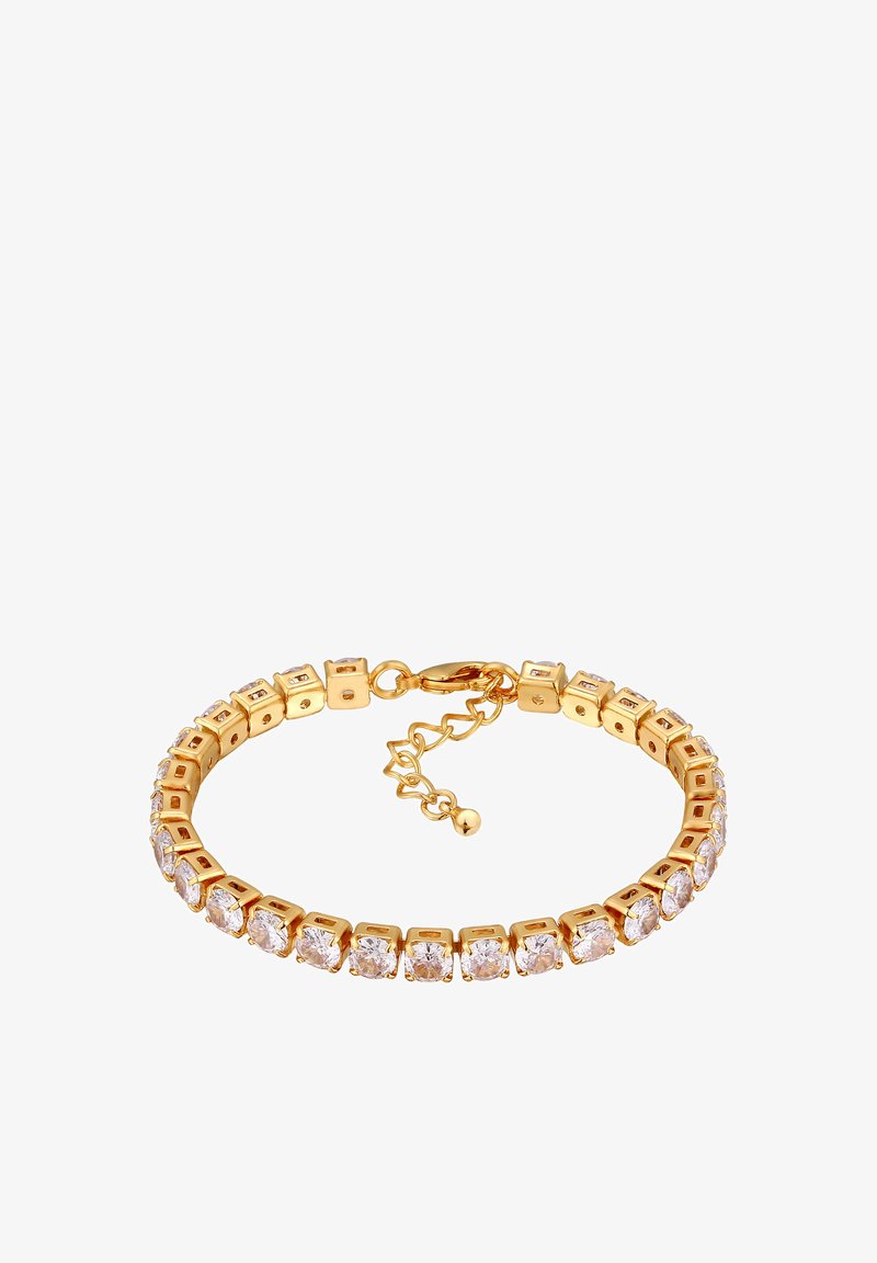 Pulsera de oro con eslabones cuadrados engastados con piedras de circonio cúbico transparentes, longitud ajustable con un cierre de langosta y una extensión de cadena.