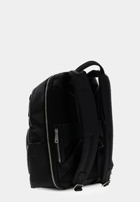 Black backpack featuring a mesh back panel, zippered compartments, sturdy straps, and a rectangular shape, made from durable fabric.