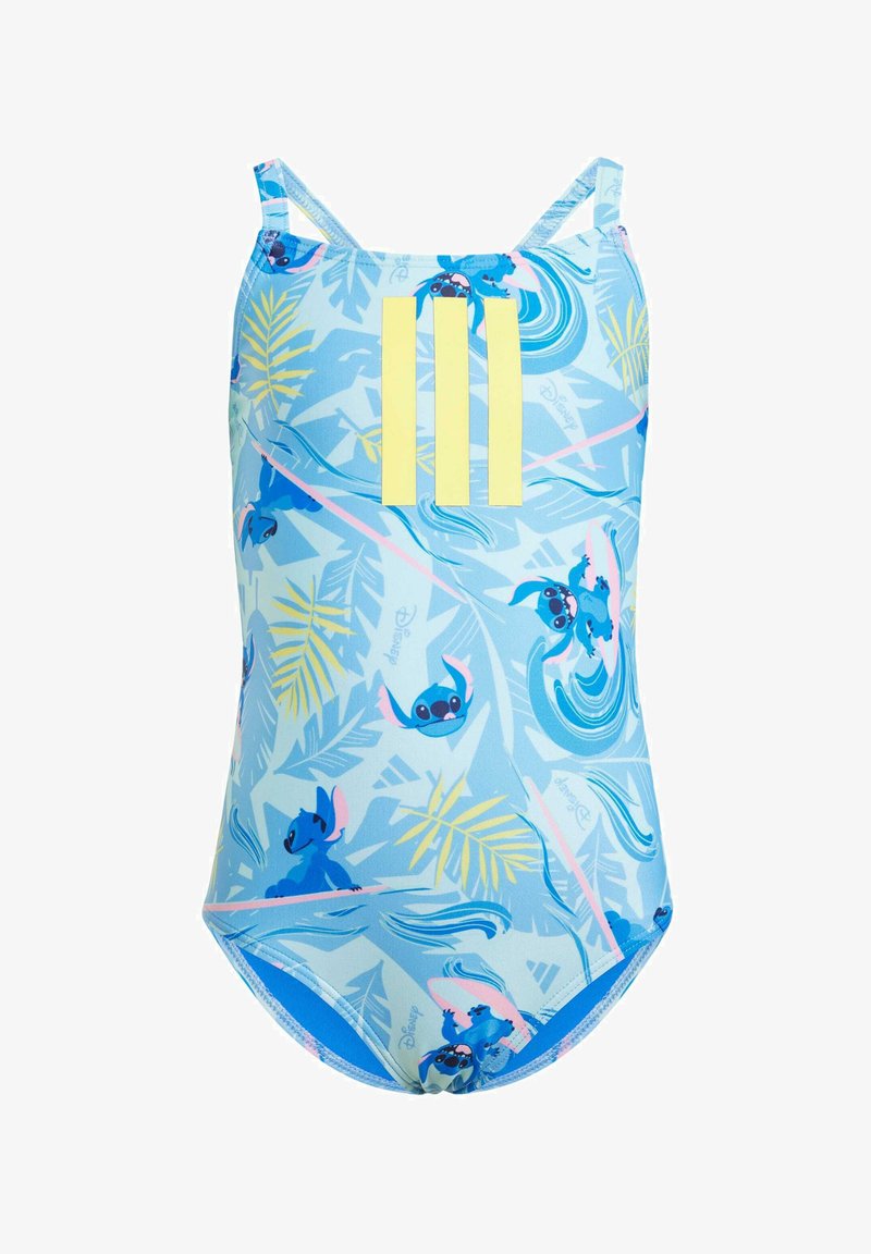 Costume da bagno blu con un motivo tropicale che presenta elementi blu chiaro, verde e rosa. Include strisce gialle e illustrazioni di personaggi.
