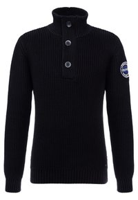 Czarny dziergany sweter z wysokim kołnierzem, plisą na trzy guziki i prążkowanymi mankietami. Z lewej kieszeni naszywka z logo.