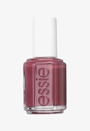 Bouteille de vernis à ongles Essie en verre clair carré, avec un capuchon blanc. La couleur est un mauve profond avec une finition lisse et brillante.