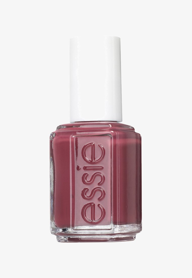 Bottiglia di smalto Essie in vetro chiaro e quadrato, con un tappo bianco. Il colore è un mauve profondo con una finitura liscia e lucida.