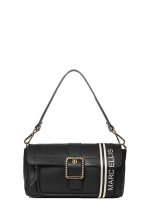 Sac à main en cuir noir avec une boucle dorée, des détails de couture et une accent rayée. Il est doté d'une bandoulière amovible.